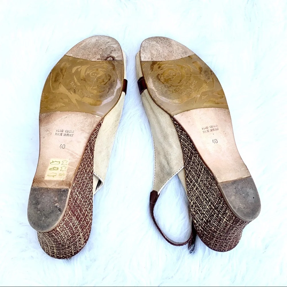 Taryn Rose Wedge Beige Gold Buckle Sandals
